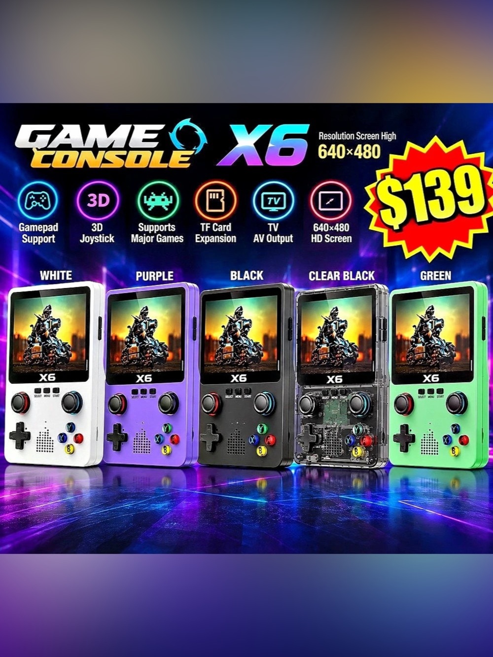 PURPLE - X6 Handheld Game Console in White & Purple